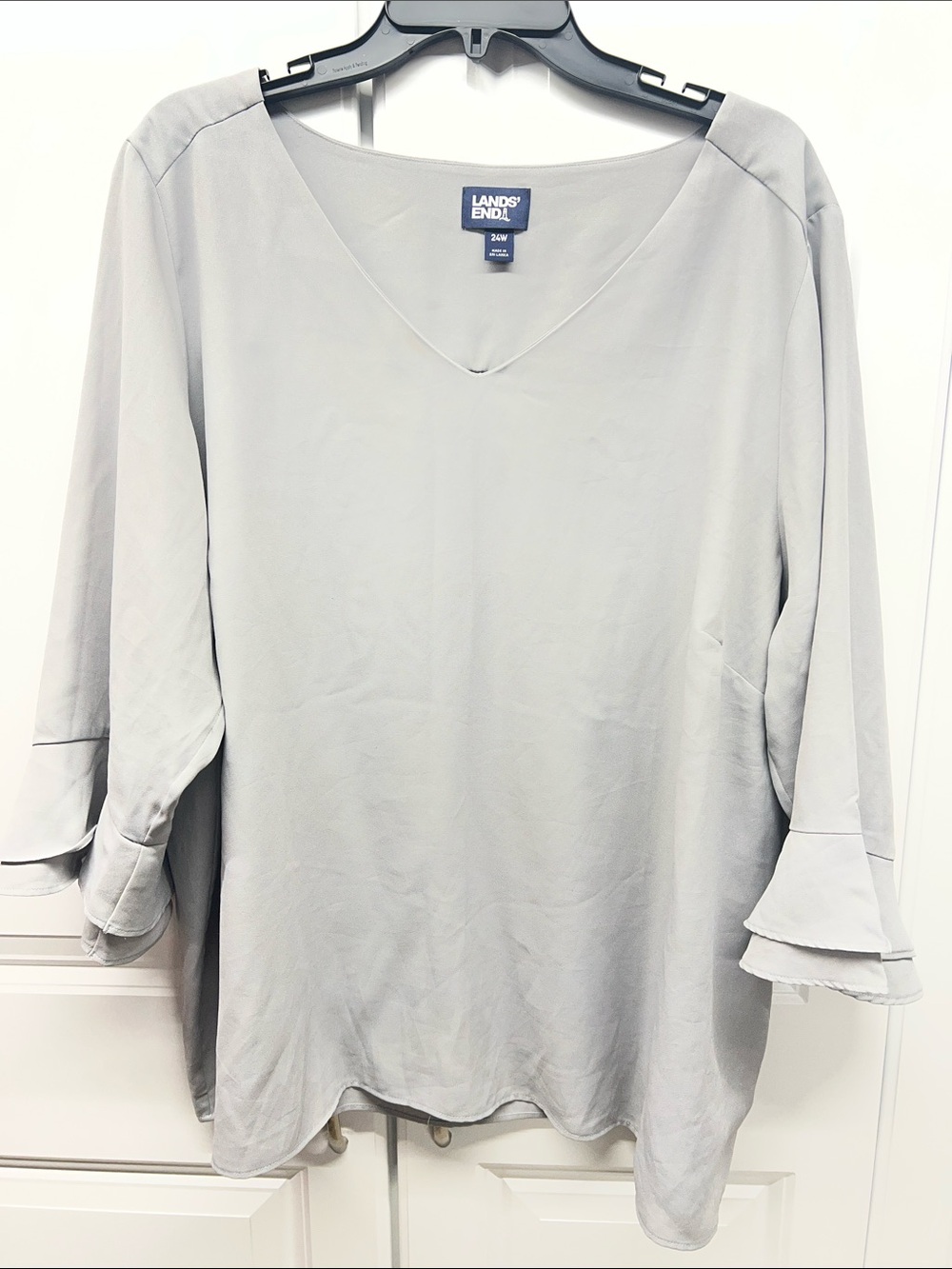 Lands' End Gray Tiered Ruffle Flounce Sleeve V-Neck Blouse Top 24W